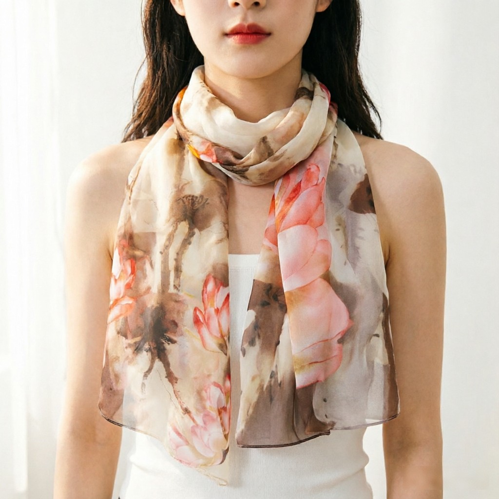 Watercolor Lotus Chiffon Scarf - Face Scarf Mask 评论和价格